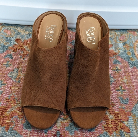 Franco Sarto Firefly Brown Suede Python Block Heel Mules Size 9.5 - Picture 2 of 7